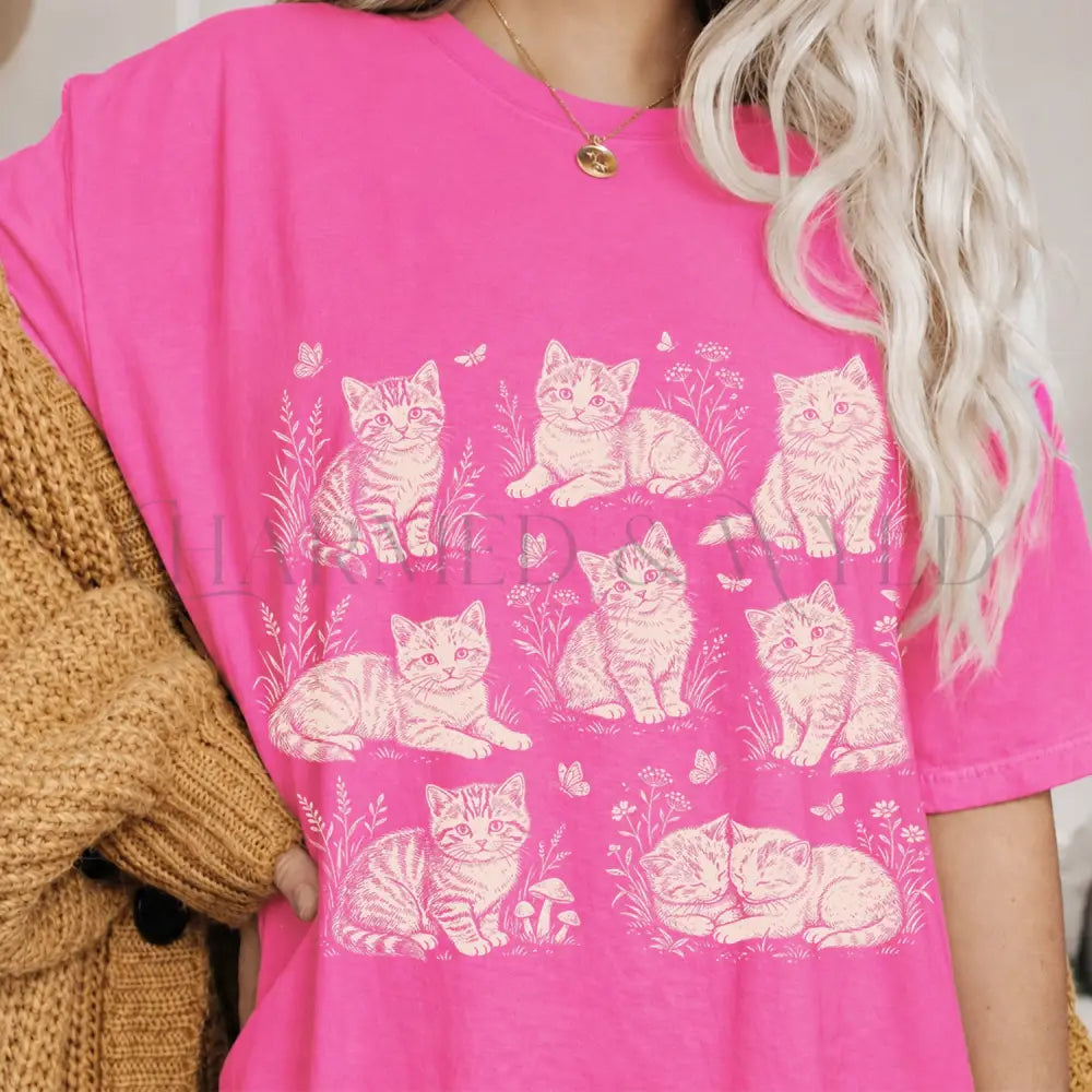 Vintage Cat Collage T-Shirt - Neon Pink / S - T-Shirt