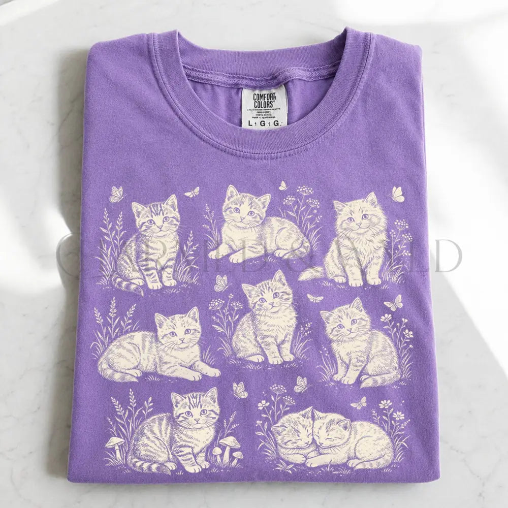 Vintage Cat Collage T-Shirt - Violet / S - T-Shirt