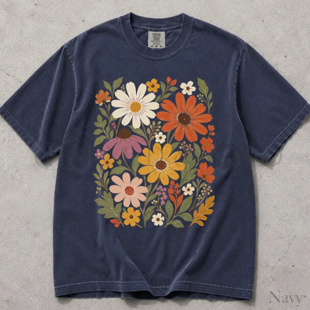 Vintage Meadow Wildflower Comfort Colors T-Shirt - Navy / S - T-Shirt