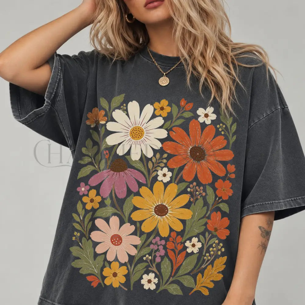 Vintage Meadow Wildflower Comfort Colors T-Shirt - Pepper / S - T-Shirt