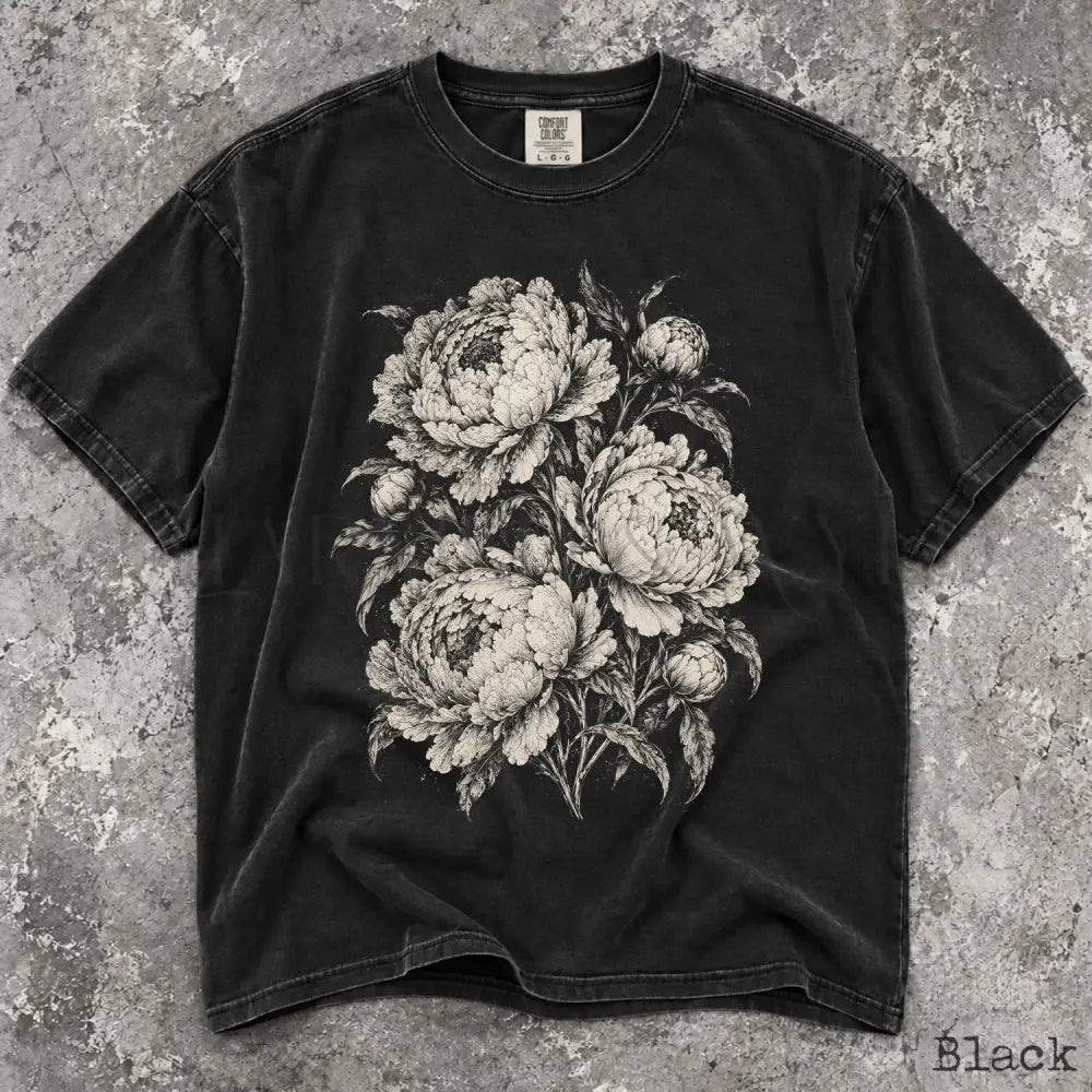 Vintage Peony Comfort Colors Shirt - Black / S - T-Shirt