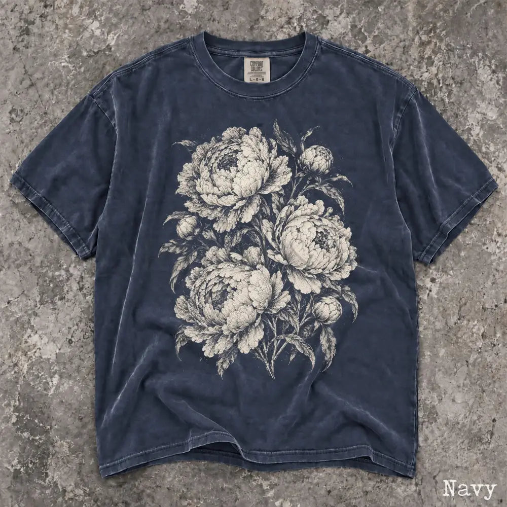 Vintage Peony Comfort Colors Shirt - Navy / S - T-Shirt