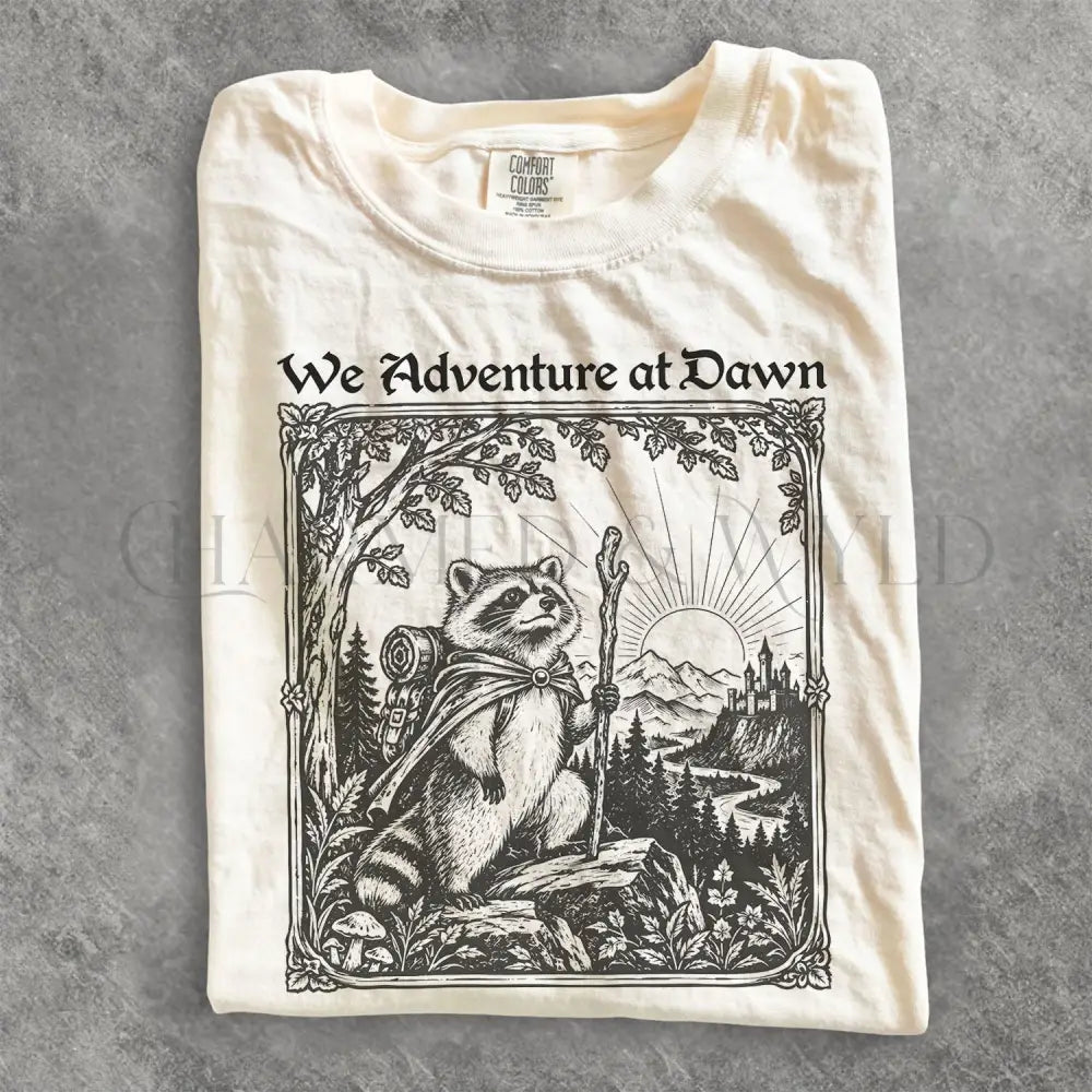 We Adventure at Dawn Hiking Raccoon Comfort Colors T-Shirt - T-Shirt