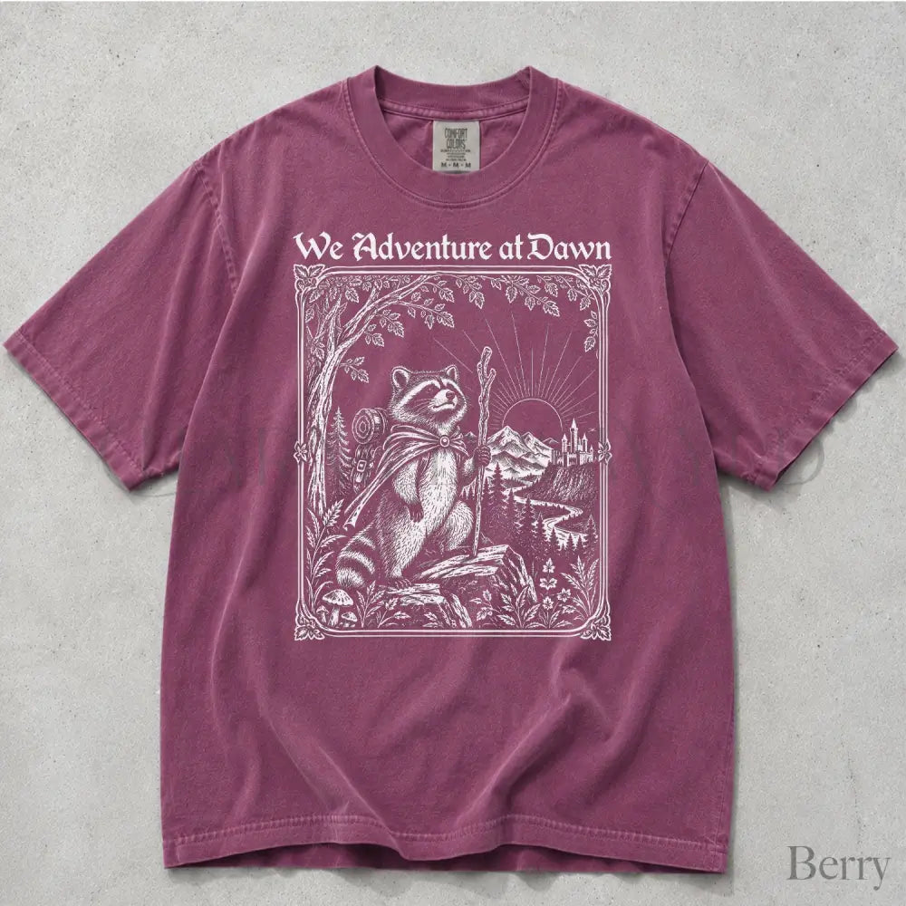 We Adventure at Dawn Hiking Raccoon Comfort Colors T-Shirt - Berry / S - T-Shirt