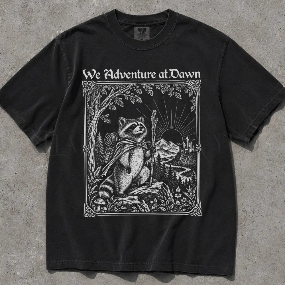 We Adventure at Dawn Hiking Raccoon Comfort Colors T-Shirt - Black / S - T-Shirt