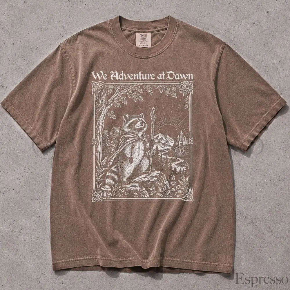 We Adventure at Dawn Hiking Raccoon Comfort Colors T-Shirt - Espresso / S - T-Shirt