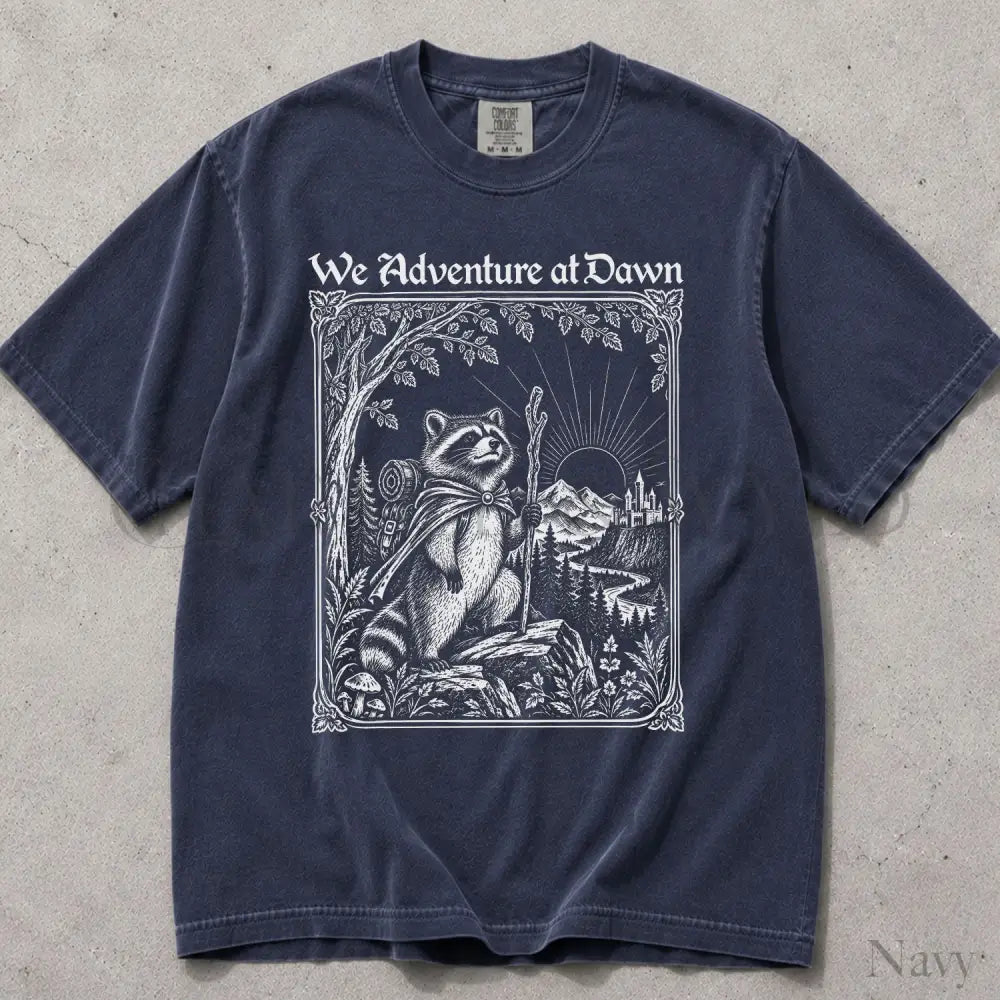 We Adventure at Dawn Hiking Raccoon Comfort Colors T-Shirt - Navy / S - T-Shirt