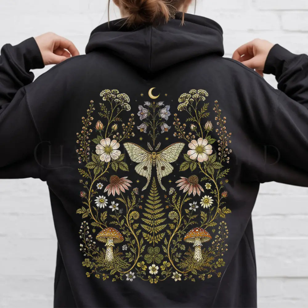 Whimsical Moth Hooded Sweatshirt - Black / S - Hoodie