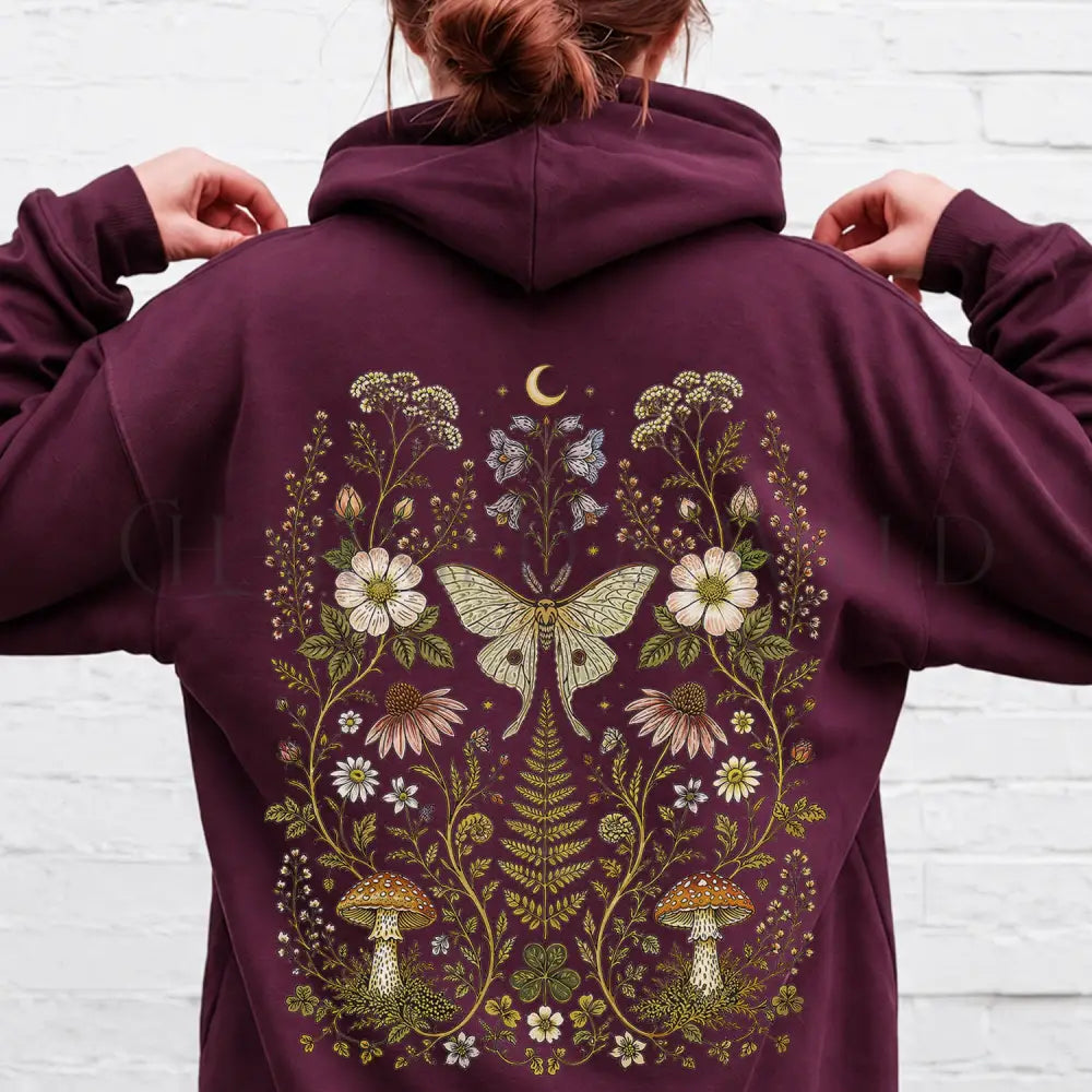 Whimsical Moth Hooded Sweatshirt - Maroon / S - Hoodie
