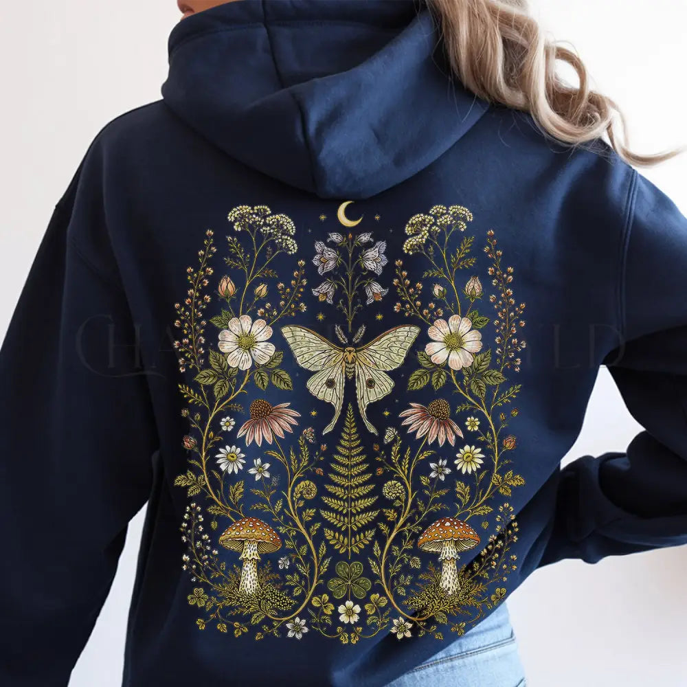 Whimsical Moth Hooded Sweatshirt - Navy / S - Hoodie