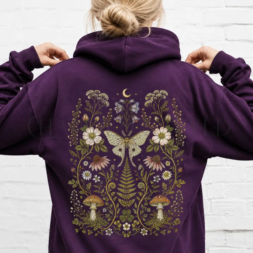 Whimsical Moth Hooded Sweatshirt - Purple / S - Hoodie