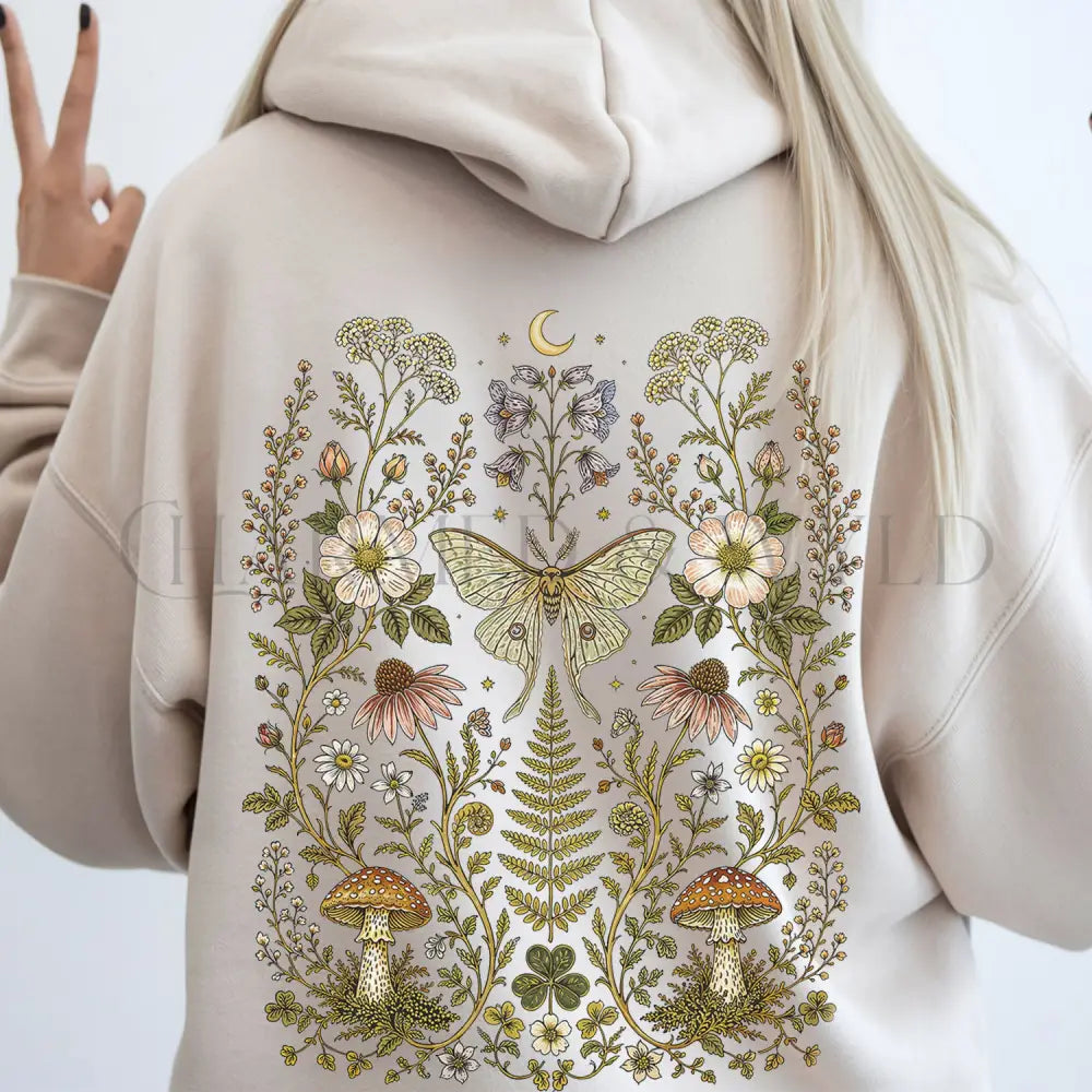Whimsical Moth Hooded Sweatshirt - Sand / S - Hoodie