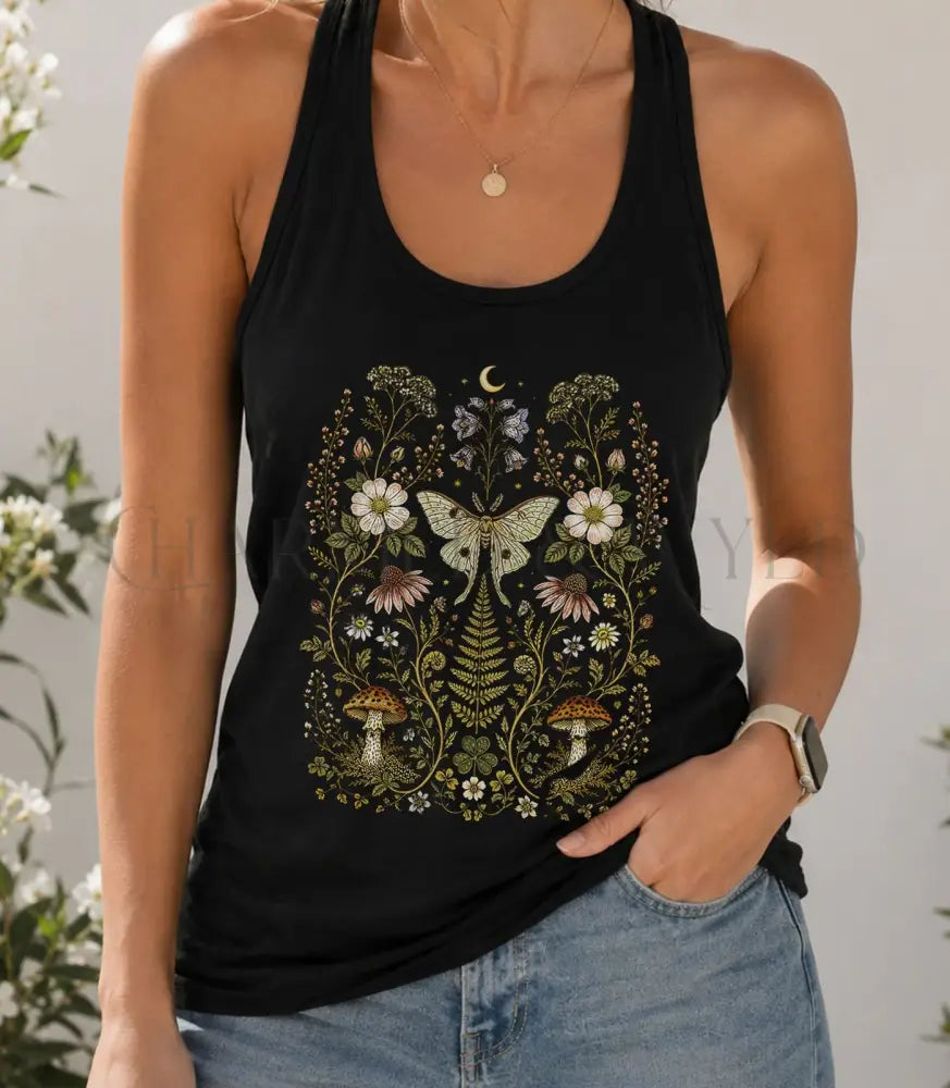 Whimsical Moth Wildflower Racerback Tank Top - Charmed and Wyld