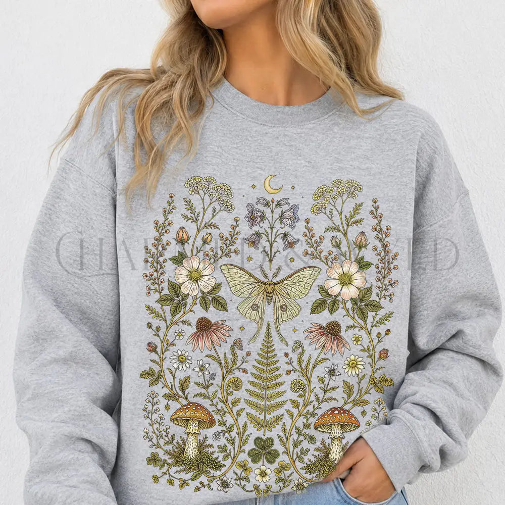 Whimsical Moth Wildflower Sweatshirt - Ash / S - Sweatshirt