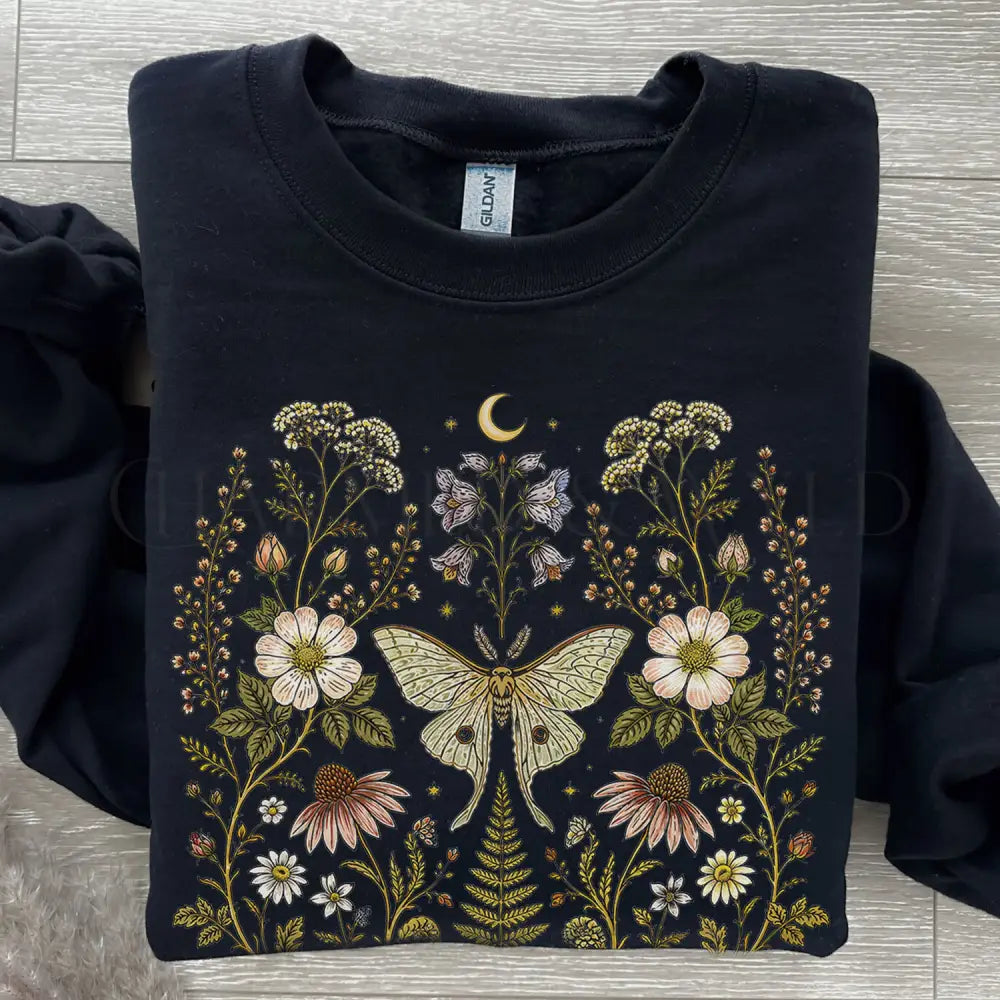 Whimsical Moth Wildflower Sweatshirt - Black / S - Sweatshirt