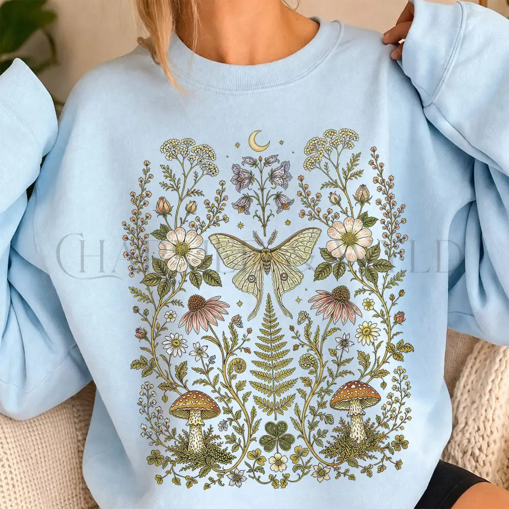 Whimsical Moth Wildflower Sweatshirt - Light Blue / S - Sweatshirt