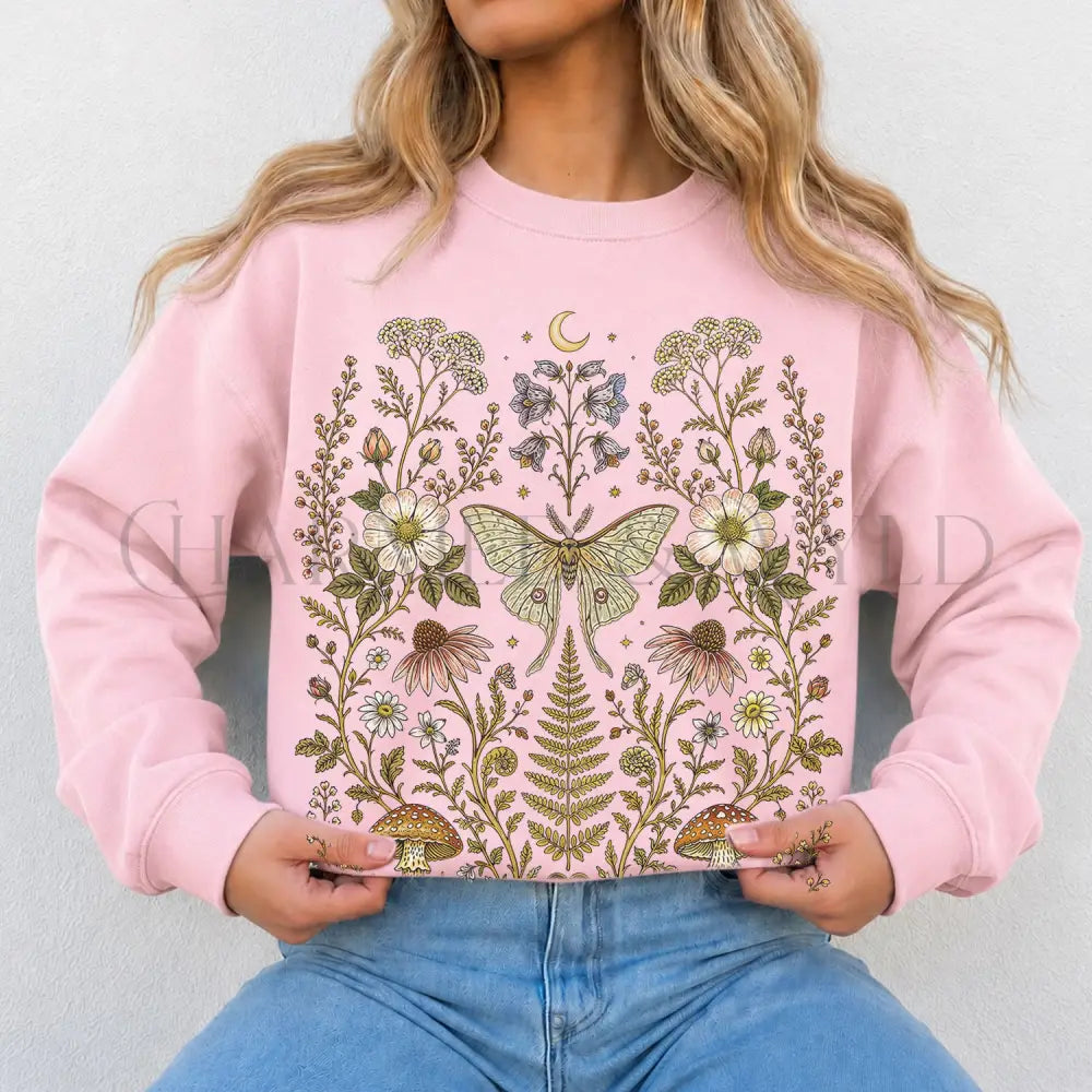 Whimsical Moth Wildflower Sweatshirt - Light Pink / S - Sweatshirt