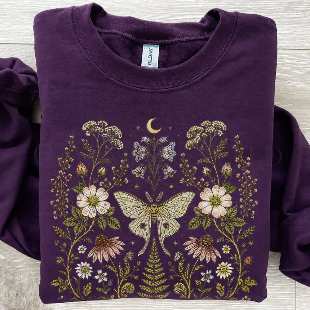 Whimsical Moth Wildflower Sweatshirt - Purple / S - Sweatshirt