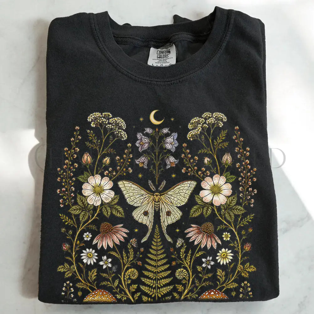 Whimsical Moth Wildflower T-Shirt - Black / S - T-Shirt