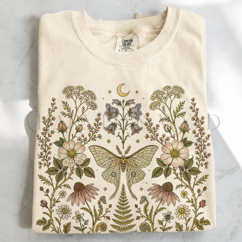 Whimsical Moth Wildflower T-Shirt - Ivory / S - T-Shirt