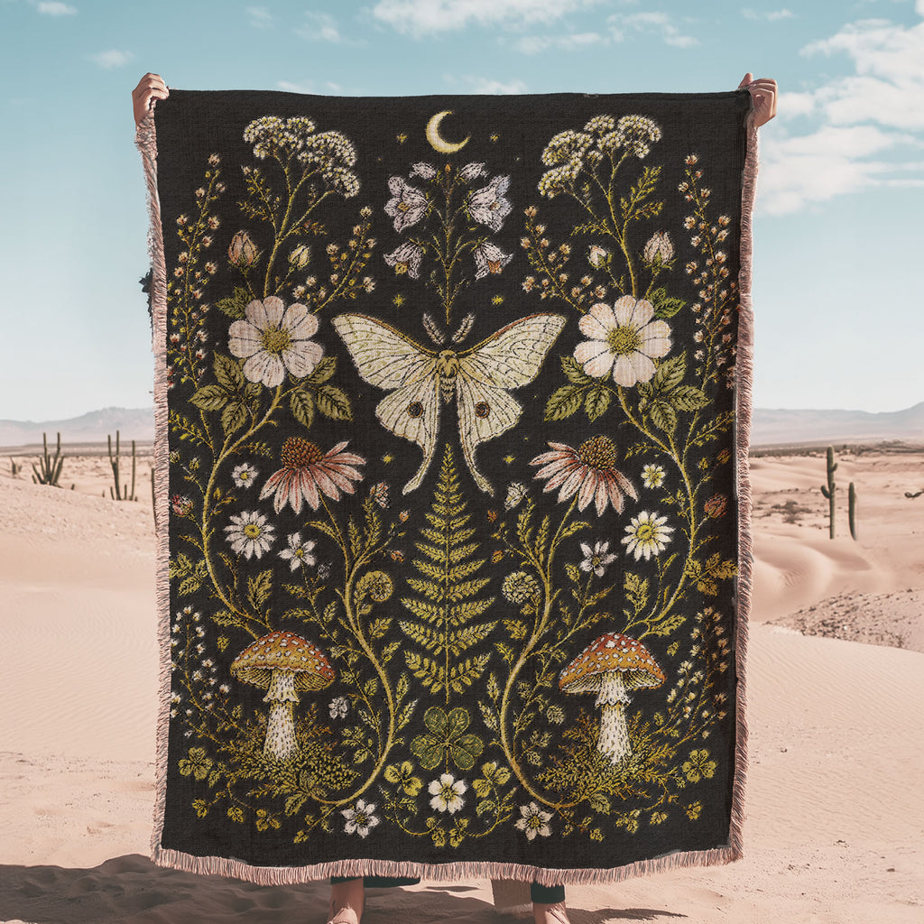 Whimsical Moth Wildflower Cotton Woven Fringe Throw Blanket