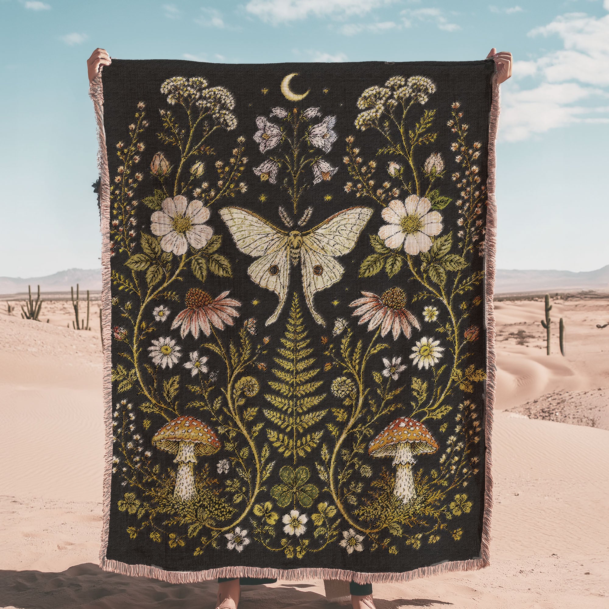 Whimsical Moth Wildflower Cotton Woven Fringe Throw Blanket