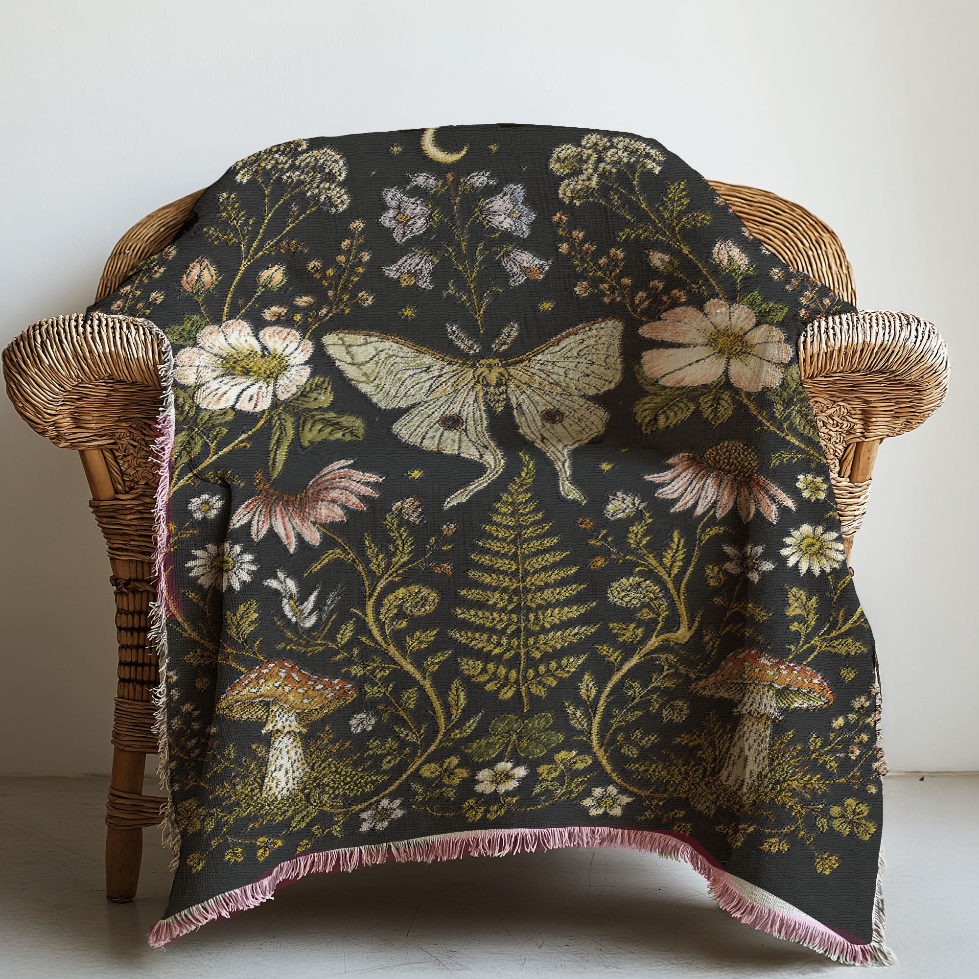 Whimsical Moth Wildflower Cotton Woven Fringe Throw Blanket