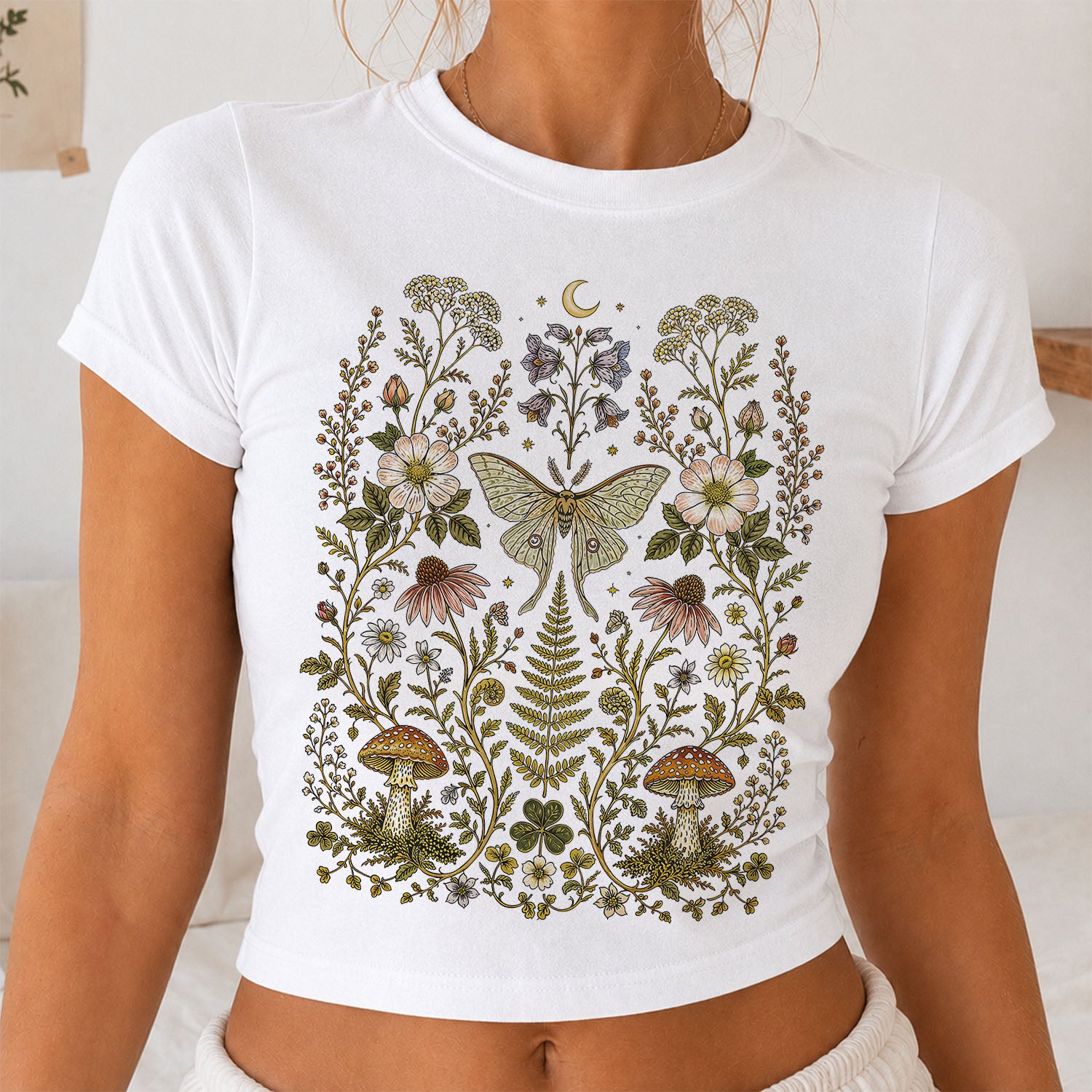 Whimsical Moth Wildflower Cropped T-Shirt