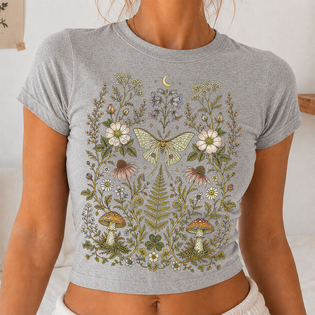 Whimsical Moth Wildflower Cropped T-Shirt