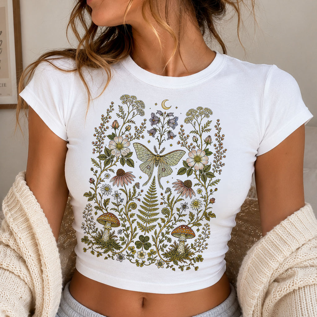 Whimsical Moth Wildflower Cropped T-Shirt
