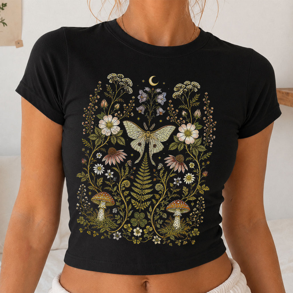 Whimsical Moth Wildflower Cropped T-Shirt
