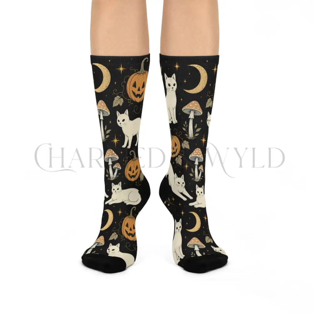 White Cat Pumpkin Patch Socks - One size / 3/4 Crew - All Over Prints