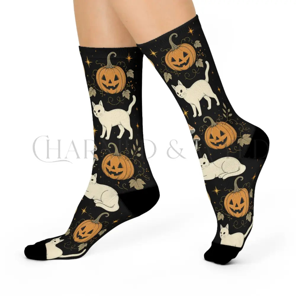 White Cat Pumpkin Patch Socks - One size / 3/4 Crew - All Over Prints