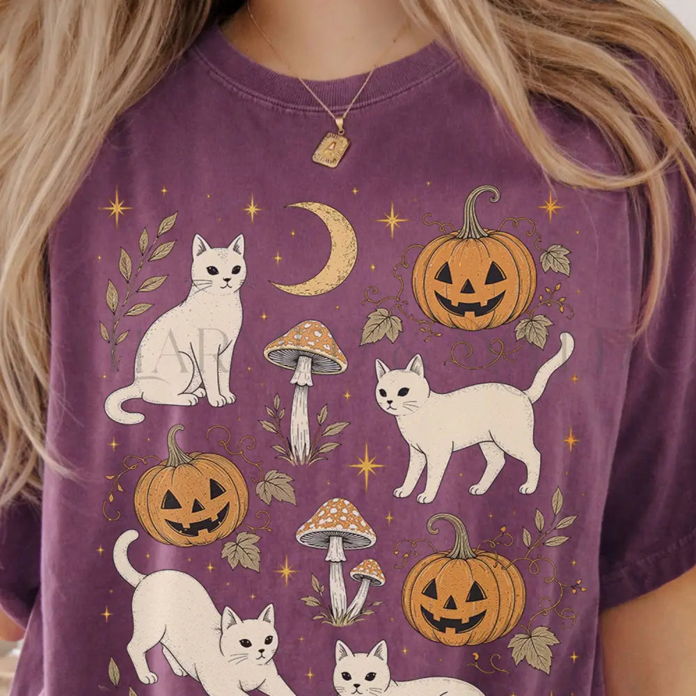 White Cat Pumpkin Patch T-Shirt - Berry / S - T-Shirt