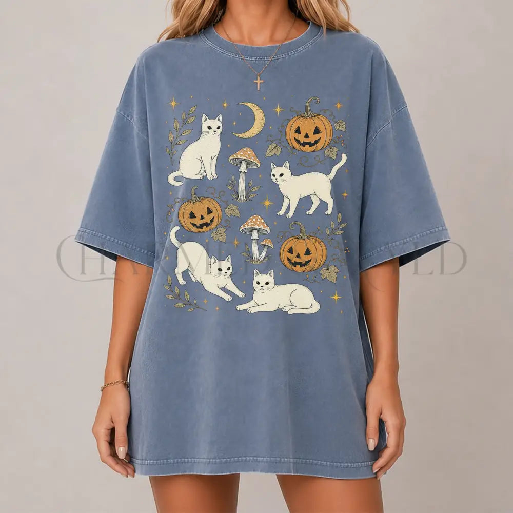 White Cat Pumpkin Patch T-Shirt - Blue Jean / S - T-Shirt