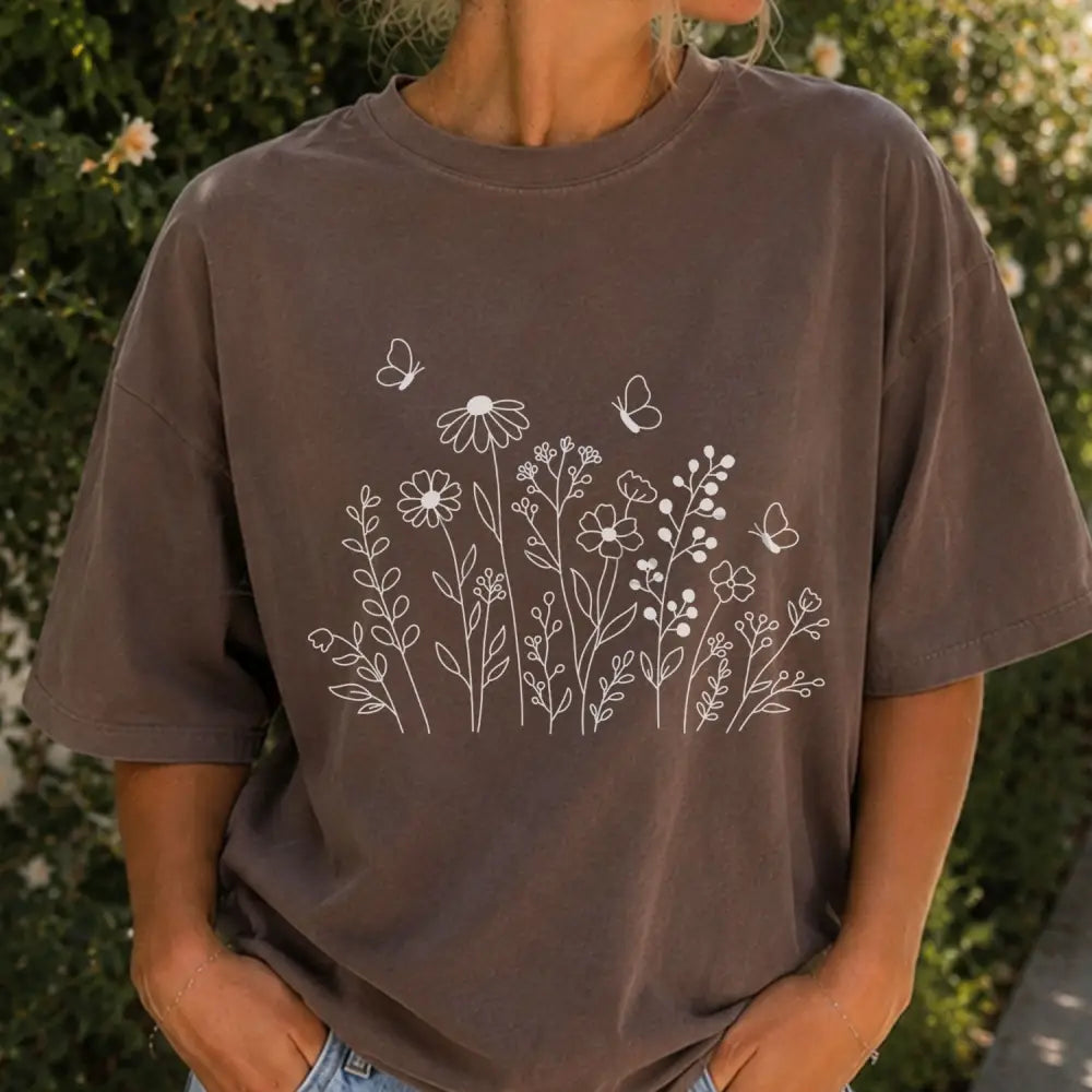 White Wildflower Sketch T-Shirt - T-Shirt
