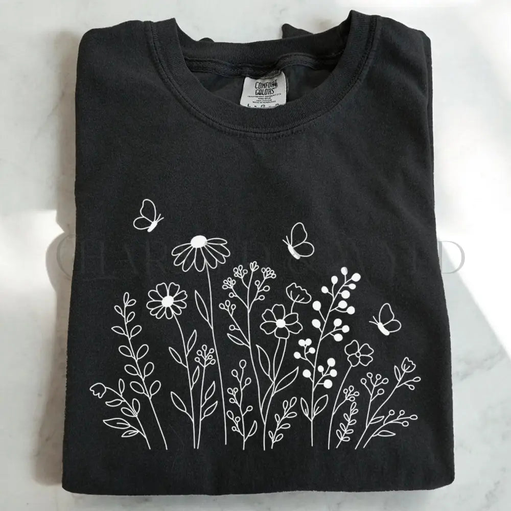 White Wildflower Sketch T-Shirt - Black / S - T-Shirt
