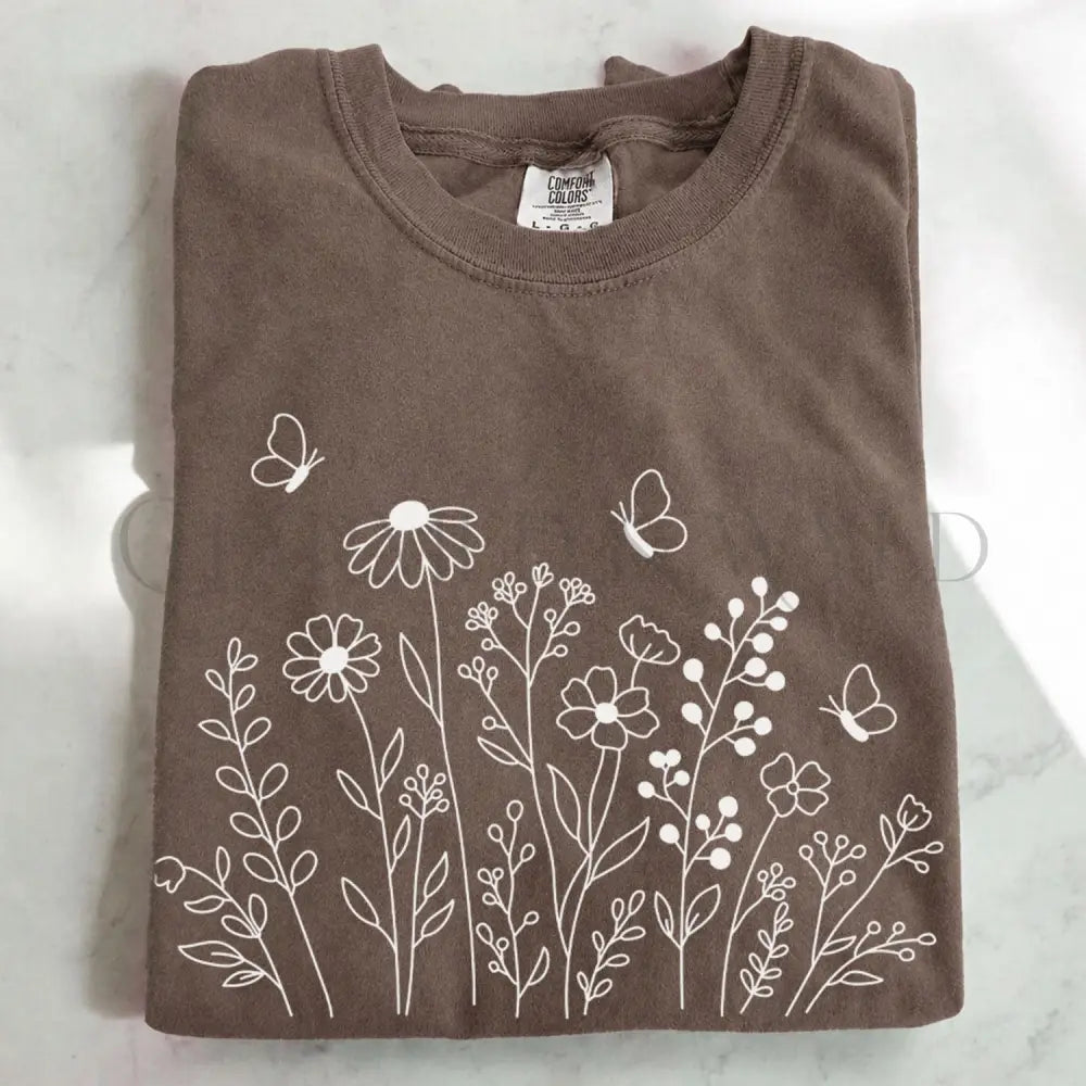 White Wildflower Sketch T-Shirt - Espresso / S - T-Shirt