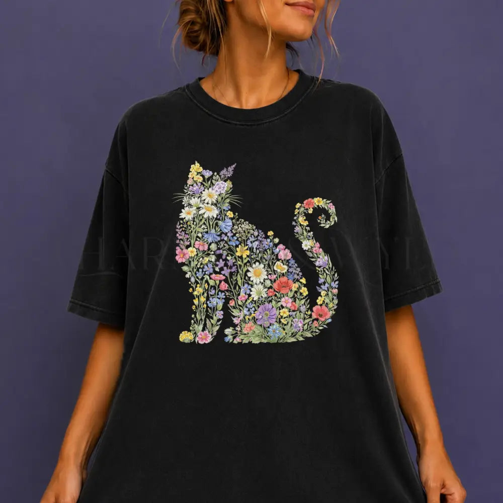 Wildflower Cat T-Shirt - Black / S - T-Shirt