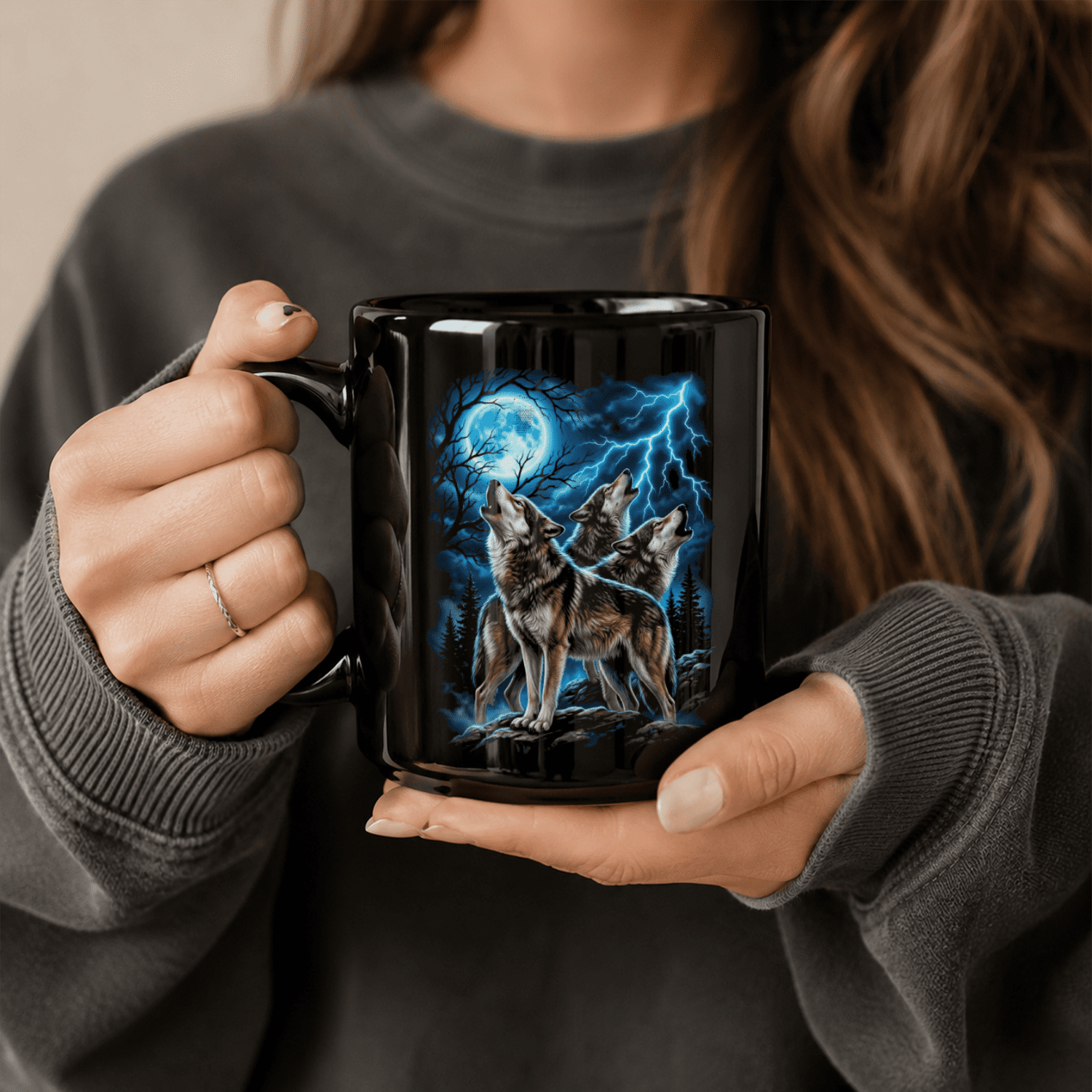 Howling Wolf Blue Moon Black Ceramic Mug