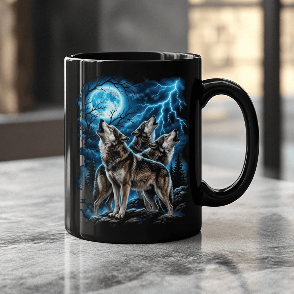 Howling Wolf Blue Moon Black Ceramic Mug