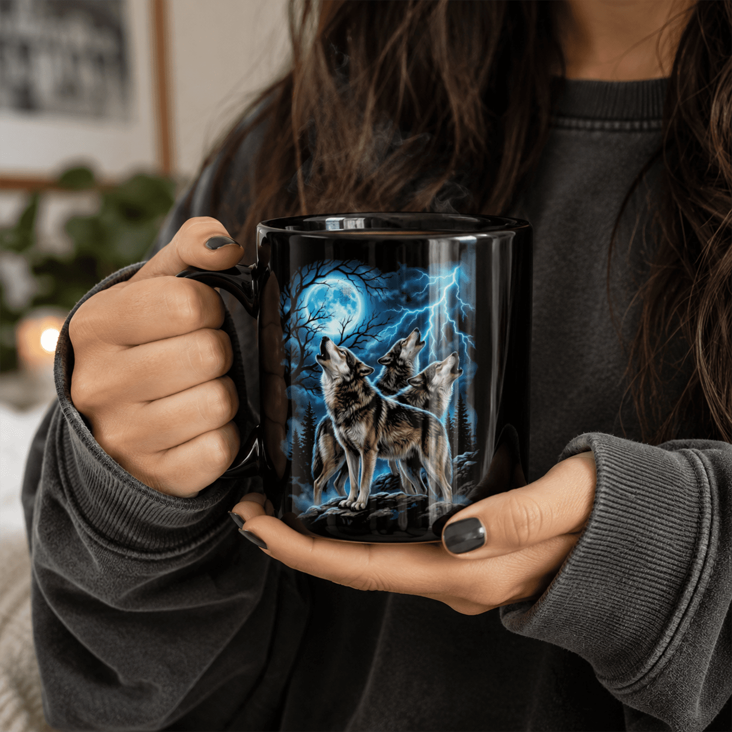 Howling Wolf Blue Moon Black Ceramic Mug