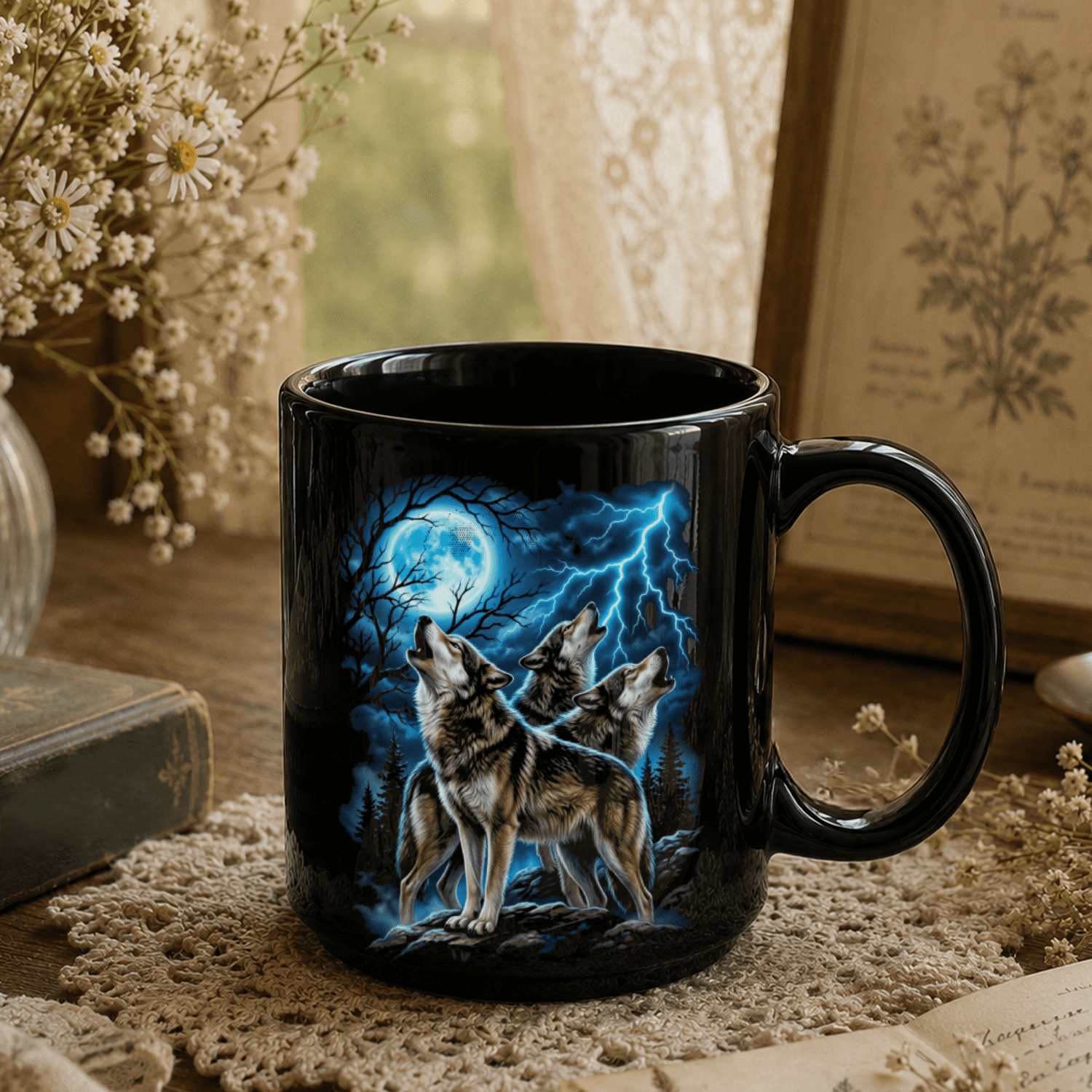Howling Wolf Blue Moon Black Ceramic Mug