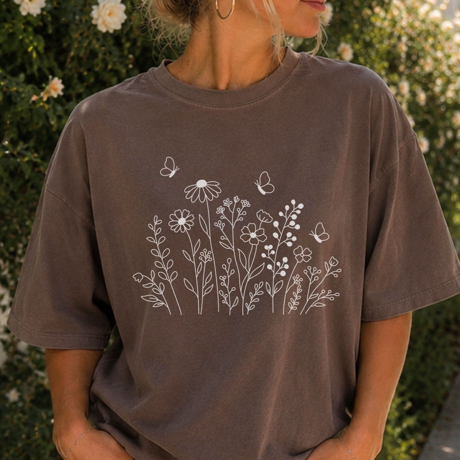 White Wildflower Sketch T-Shirt
