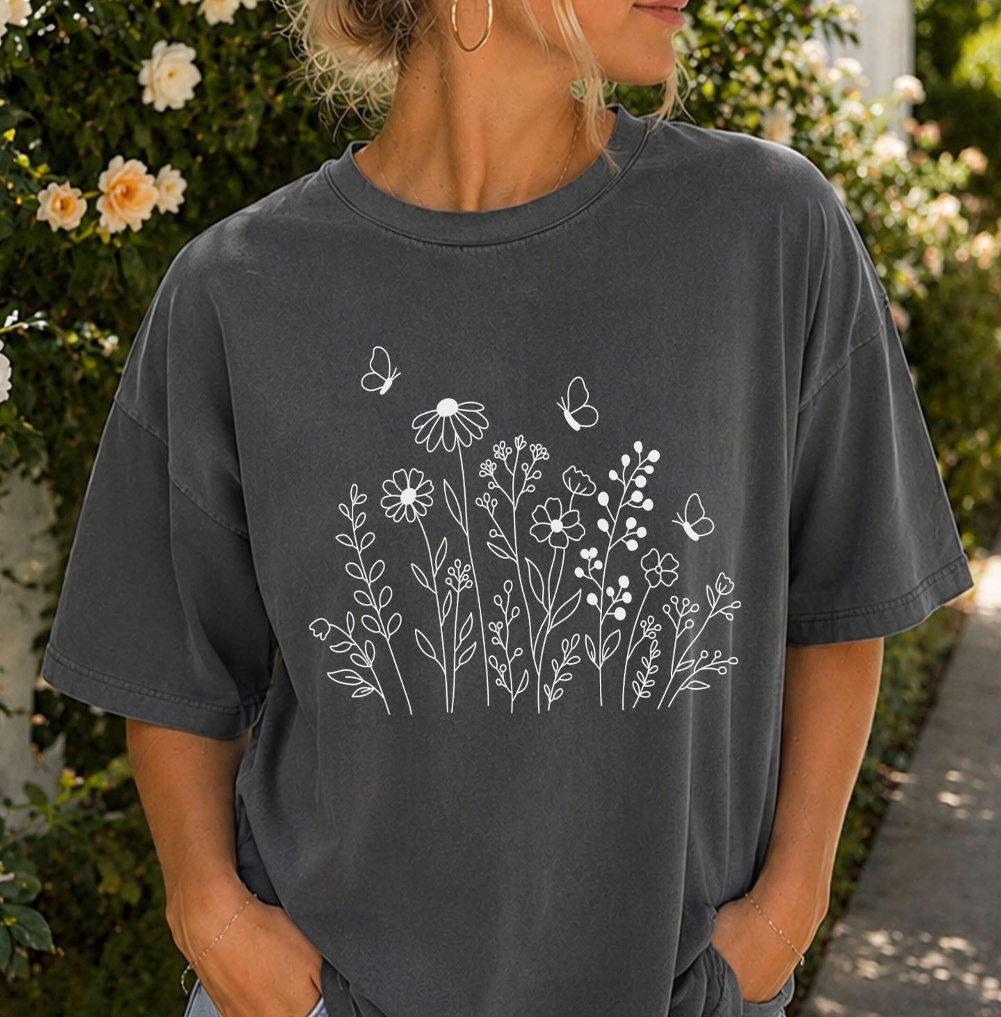 White Wildflower Sketch T-Shirt